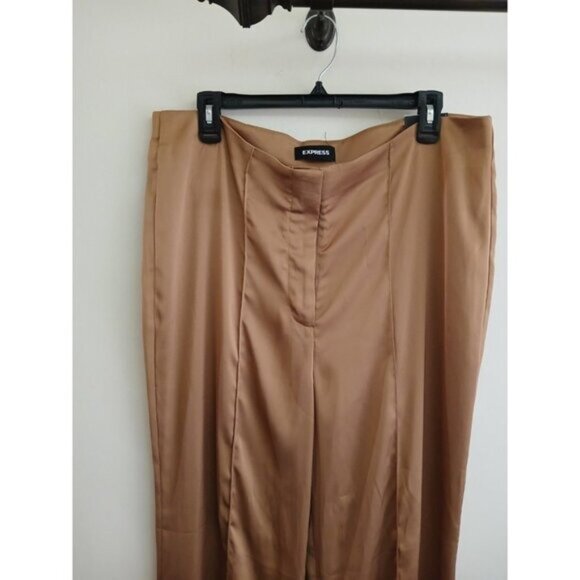 Express 14R Satin Wide Leg High Rise Brown Pants Luxe Glam Evening Trousers - Picture 4 of 9